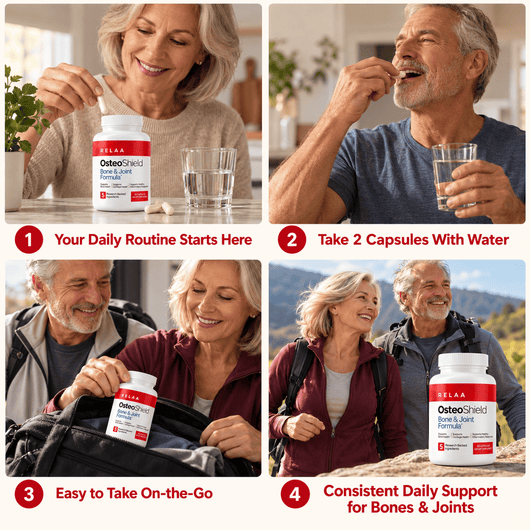 A four-panel marketing collage showing older adults using an OsteoShield Joint Support supplement. The panels depict a woman and a man in different settings: one taking the supplement and drinking water, one packing it into a bag, and one hiking.