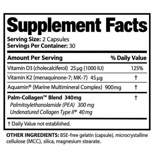 A black and white Supplement Facts label showing serving size 2 capsules, servings per container 30, and a Palm-Collagen Blend of 340mg with listed ingredients and daily value percentages.