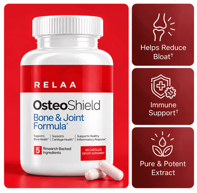 A white bottle of RELAA OsteoShield Bone & Joint Formula dietary supplement with pink capsules, set against a red background with three dark red feature panels on the right highlighting benefits.