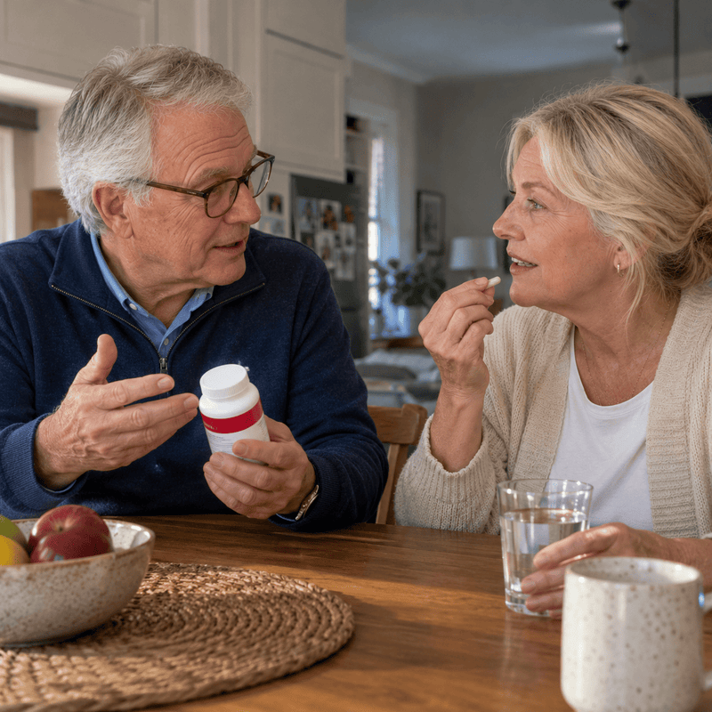 An older man and woman sitting at a wooden dining table in a bright kitchen, with the man holding a white supplement RELAA bottle and the woman taking a pill from her hand.
